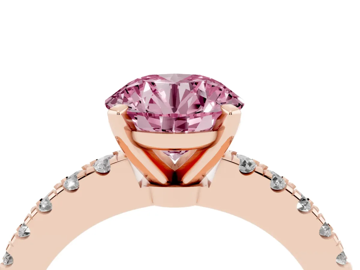 Fancy Pink Round Cut Solitaire Diamond with Pavé Band and Four-Prong Setting Rose gold