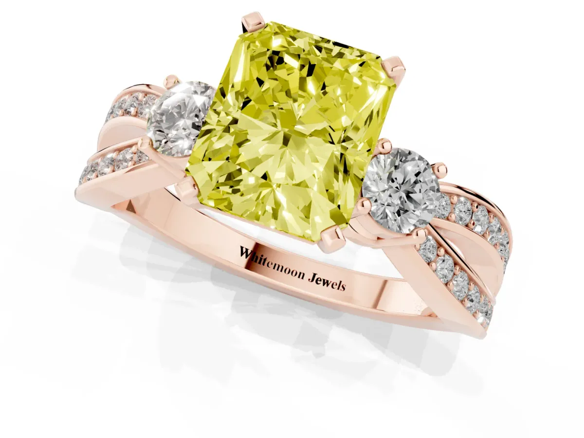 Fancy Yellow Three-Stone Radiant Cut Cut Diamond Twist Band with Prong Setting Rose gold
