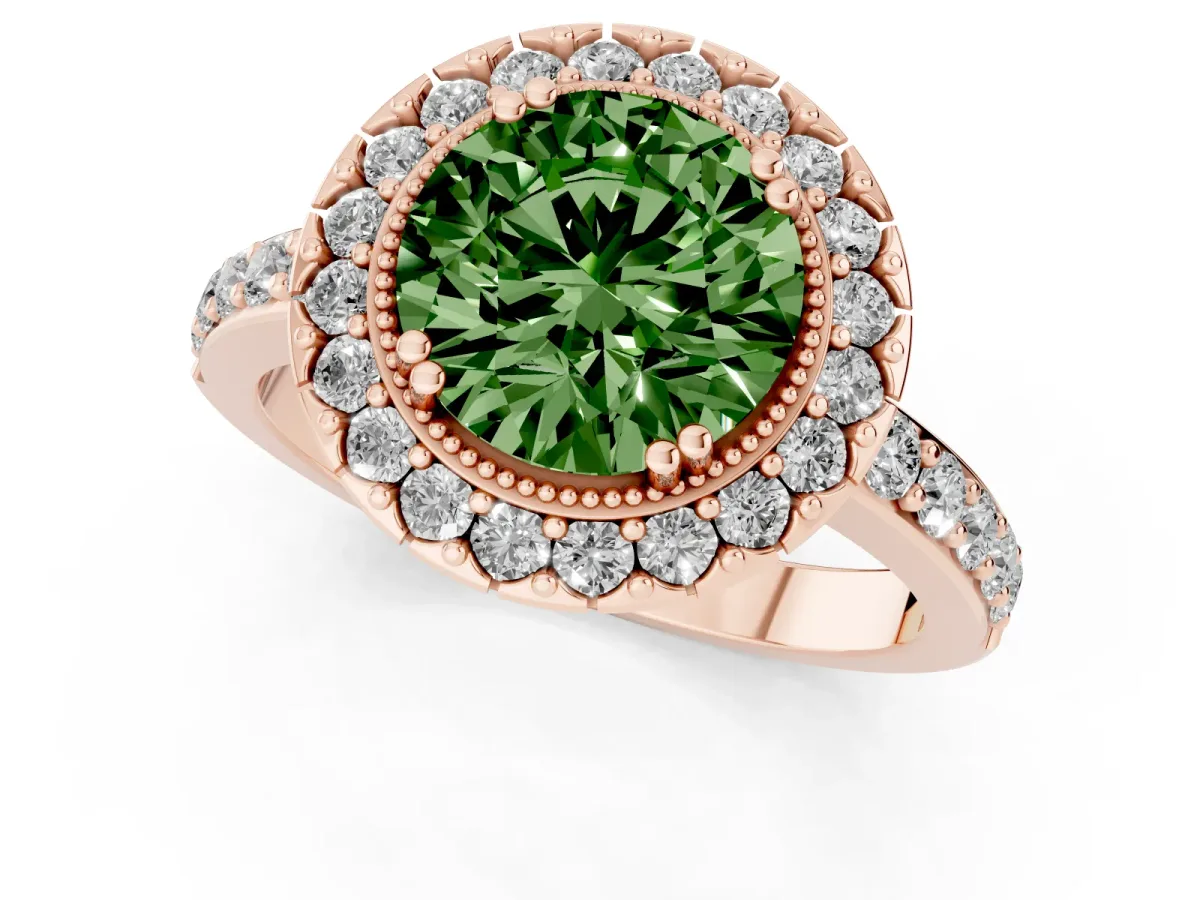 Fancy Green Round Cut Diamond Halo Ring with Pavé Band and Prong Setting Rose gold