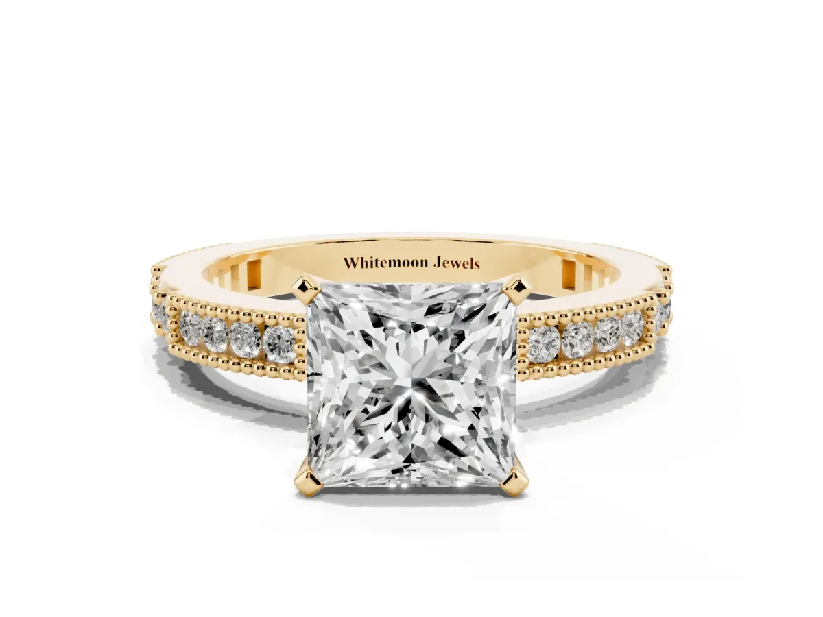 Princess Cut Solitaire with Pavé Band and Four-Prong Setting Yellow gold