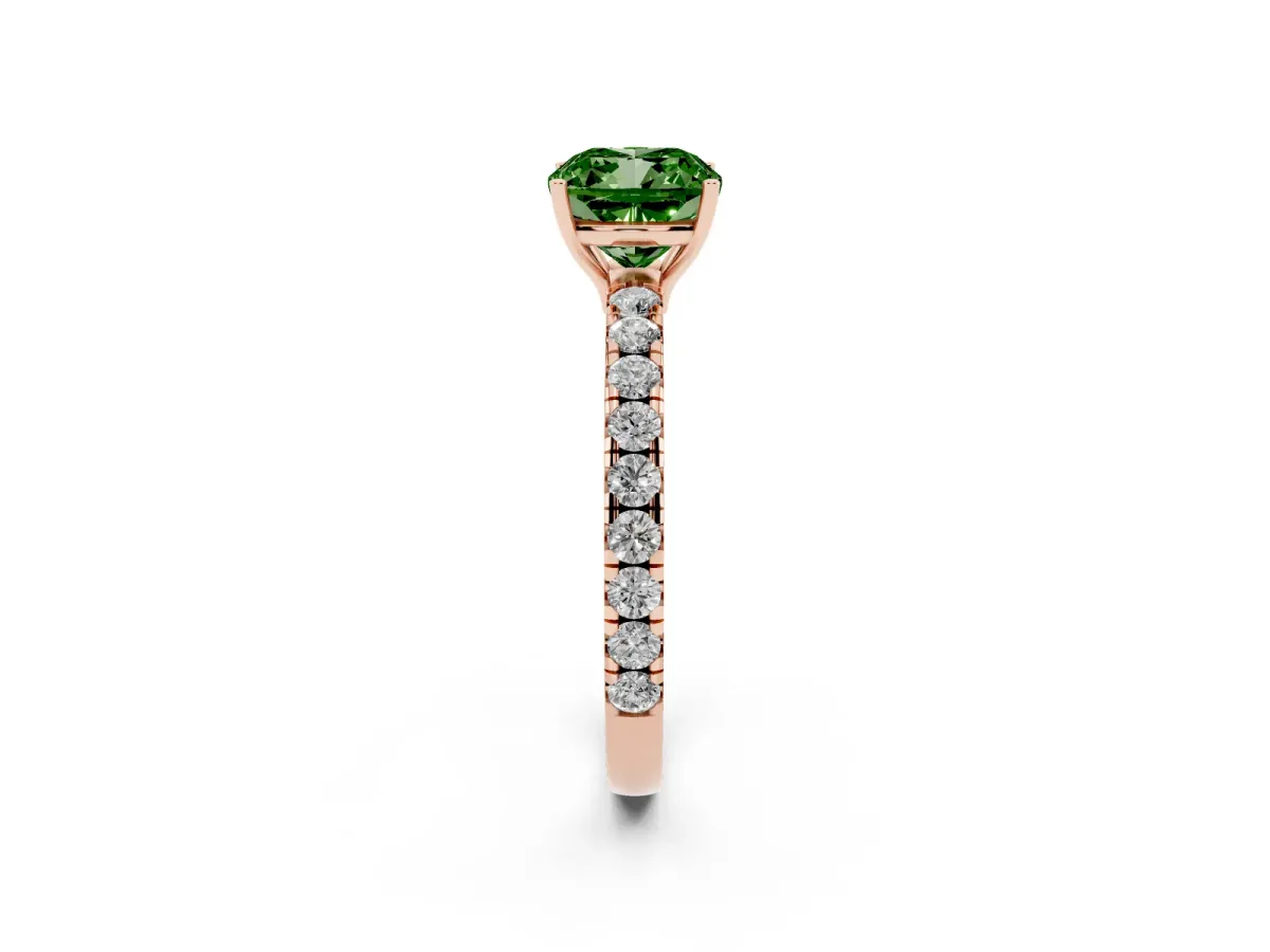 Fancy Green Cushion Cut Diamond Pavé Solitaire Engagement Ring with Four-Prong Setting Rose gold