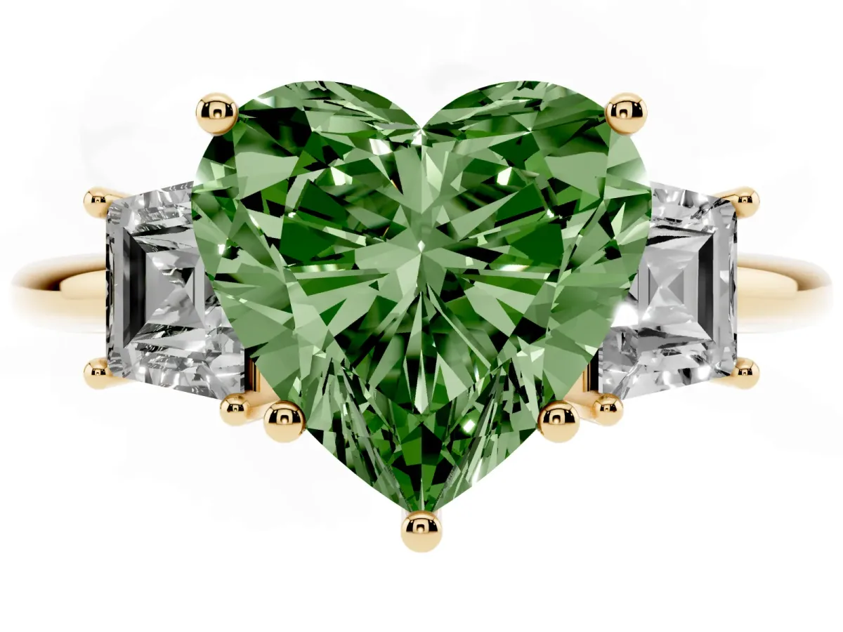 Fancy Green Heart Cut Diamond Three-Stone Ring with Trapezoid Side Stones and Prong Setting Yellow gold