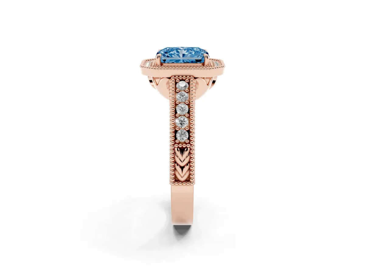 Fancy Blue Radiant Cut Cut Halo Diamond Ring with Pavé Band and Four-Prong Setting Rose gold