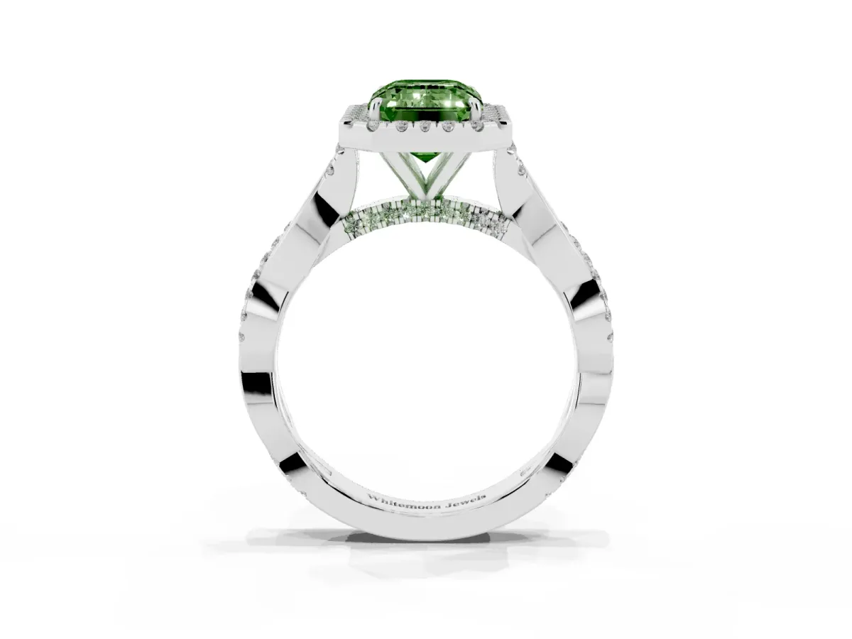 Fancy Green Emerald Cut Halo Twist Band Solitaire Ring Silver