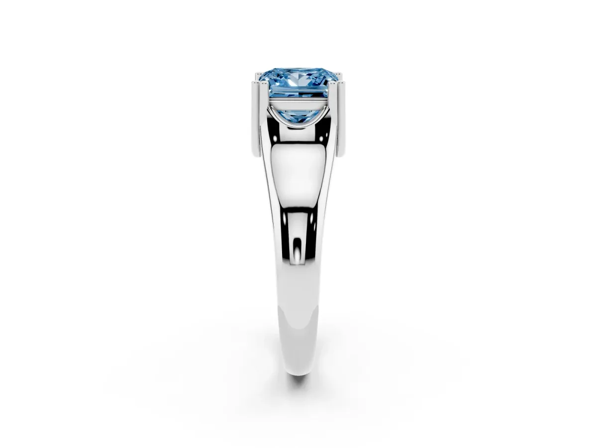 Fancy Blue Princess Cut Diamond Solitaire Ring with Wide Band and Prong Setting Platinum