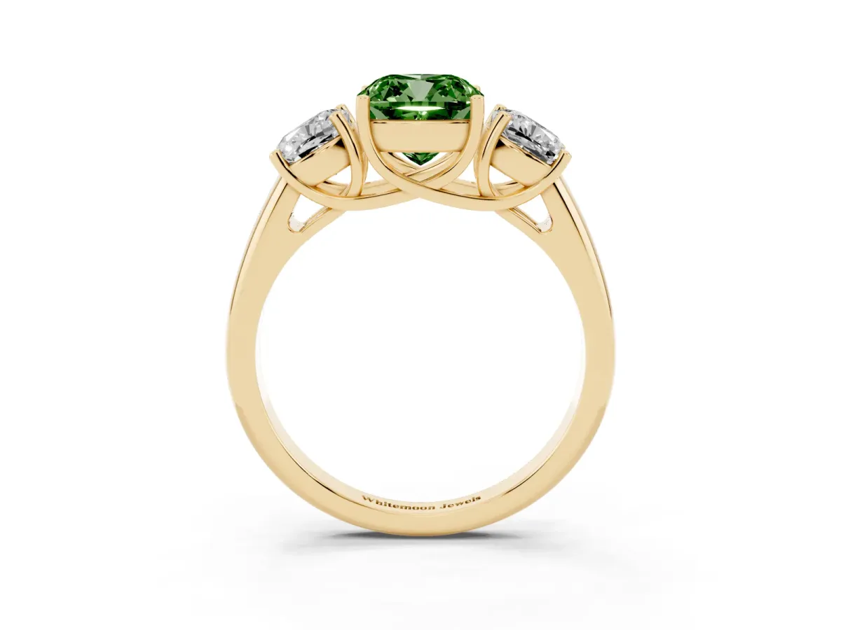 Fancy Green Three-Stone Cushion Cut Diamond Engagement Ring with Prong Setting Yellow gold