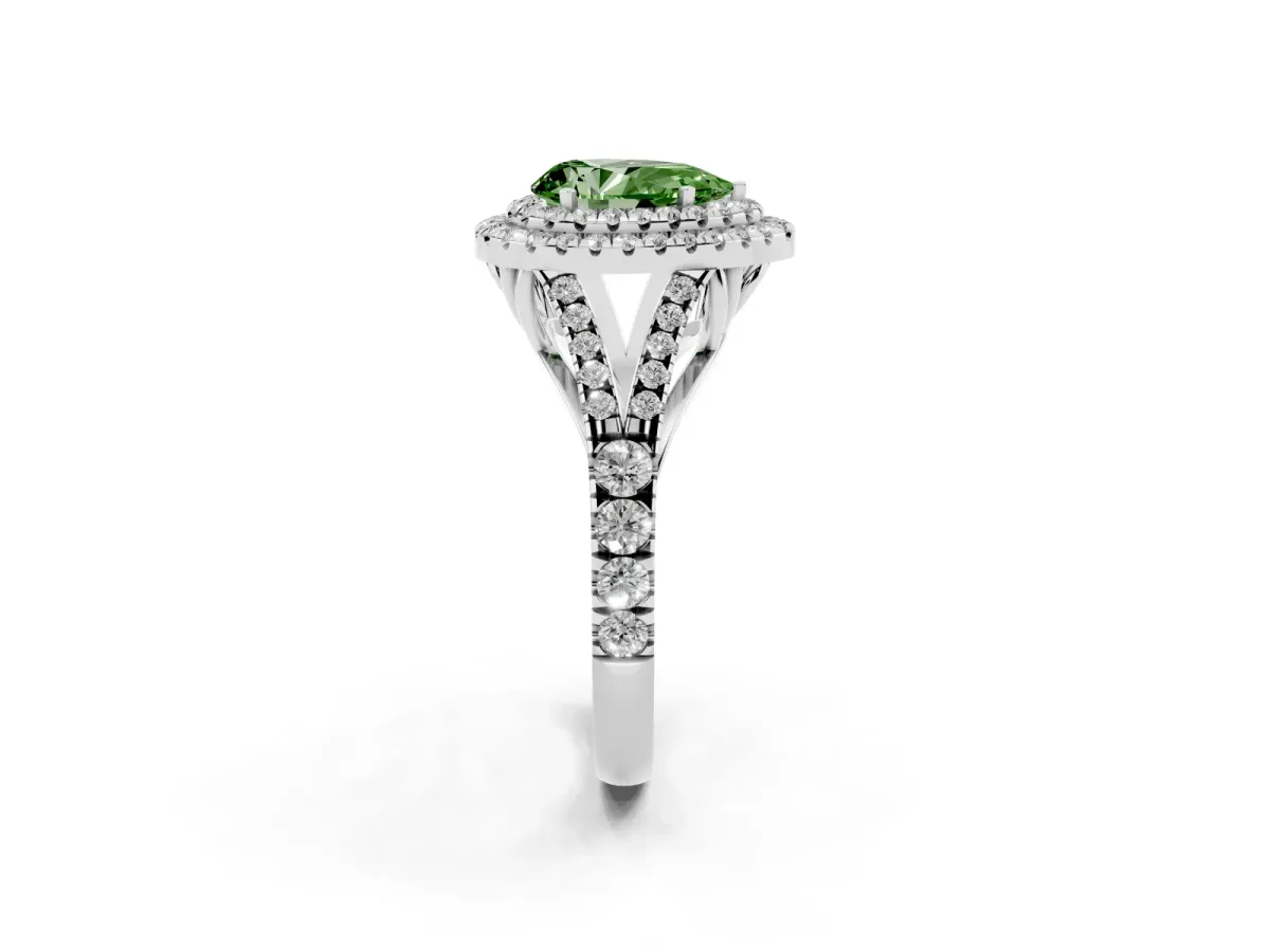 Fancy Green Double Halo Pear Cut Diamond Split Shank Engagement Ring with Four-Prong Setting Silver