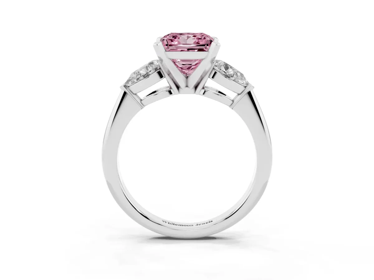 Fancy Pink Three-Stone Princess Cut Diamond Ring with Pear Side Stones and Four-Prong Setting Silver