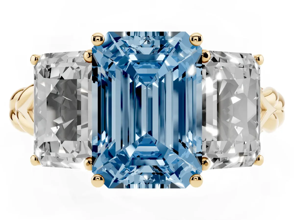 Fancy Blue Three-Stone Emerald Cut Diamond Braided Band Ring with Four-Prong Setting Yellow gold