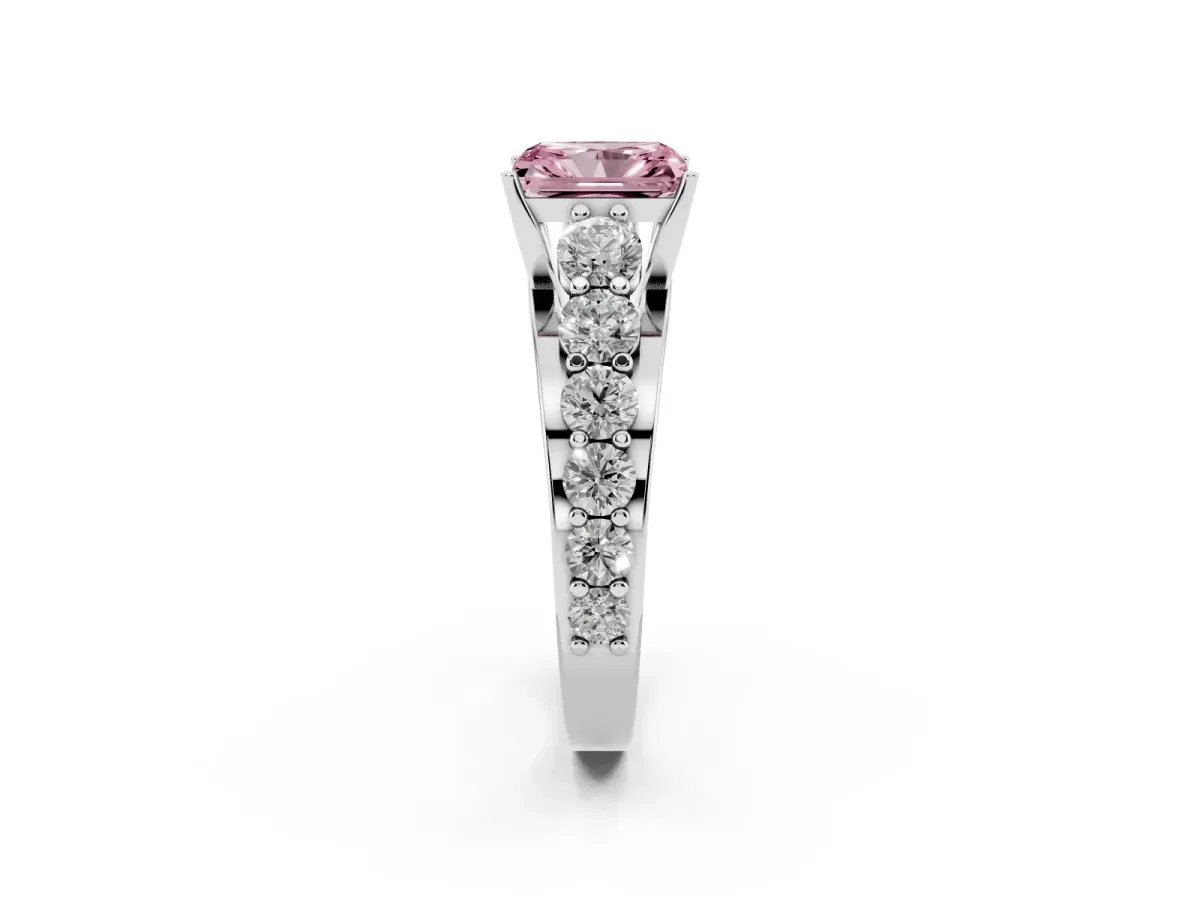 Fancy Pink Radiant Cut Diamond Engagement Ring with Pavé Band and Four-Prong Setting Platinum