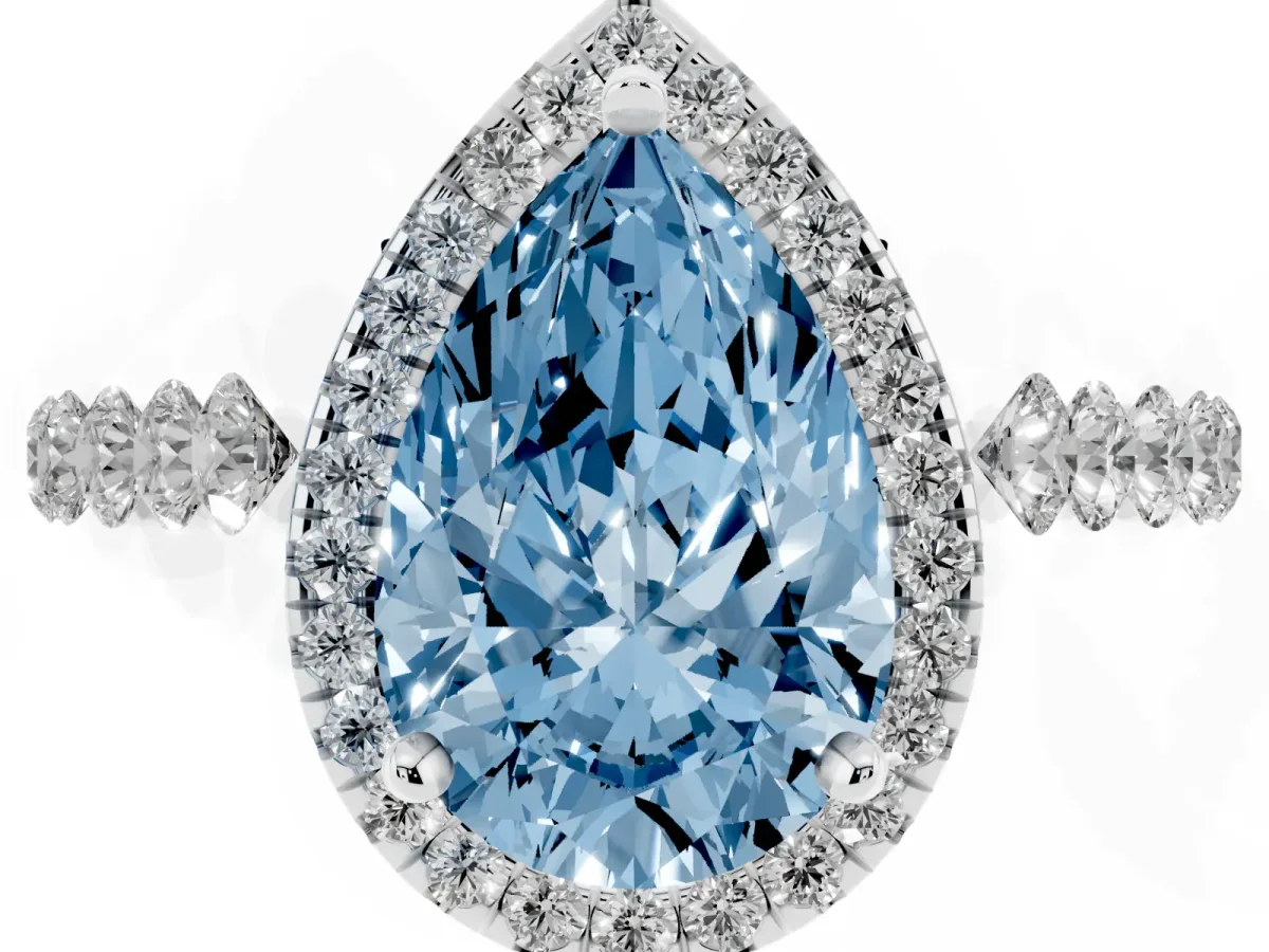 Fancy Blue Pear Cut Halo Pavé Diamond Engagement Ring with Four-Prong Setting Silver