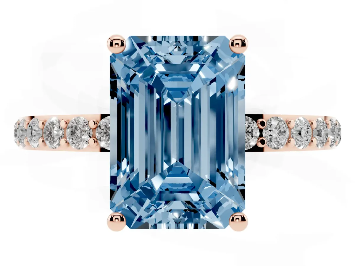 Fancy Blue Emerald Cut Diamond Solitaire Ring with Round Pavé Shoulders and Prong Setting Rose gold