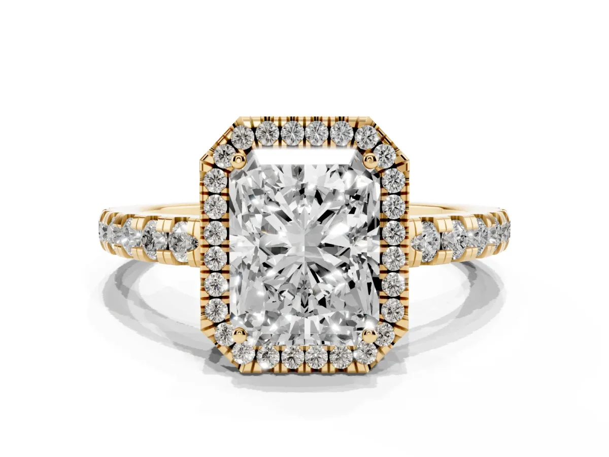 Radiant Cut Diamond Halo Ring with Pavé Band and Four-Prong Setting Yellow gold