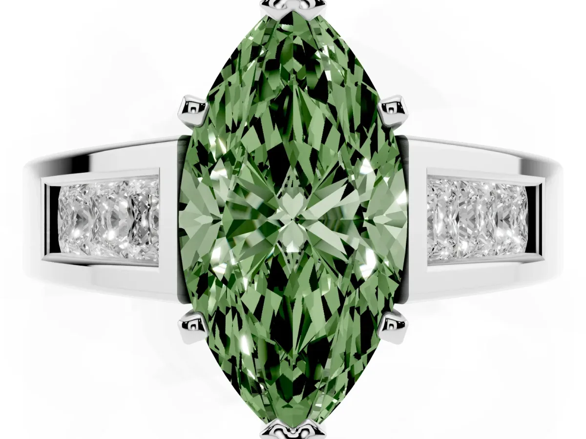 Fancy Green Marquise Cut Cut Channel Set Solitaire Ring with Four-Prong Setting Platinum