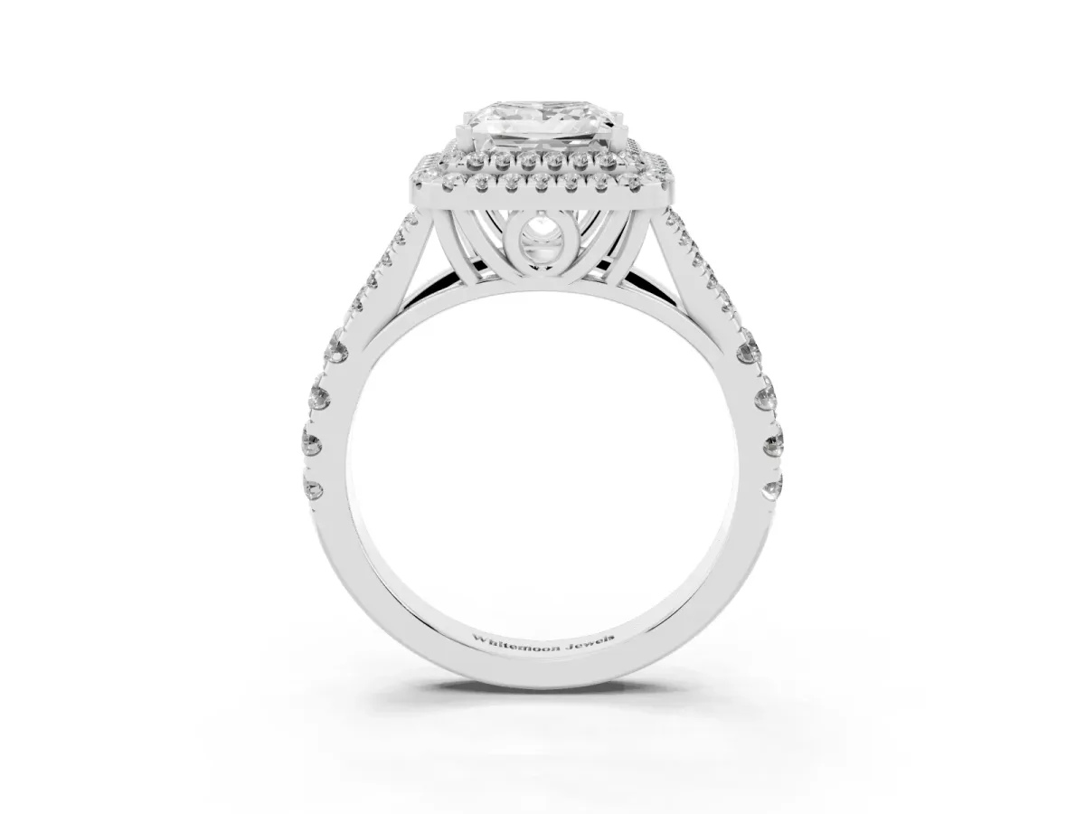 Princess Cut Diamond Double Halo Ring with Split Shank and Prong Setting Platinum