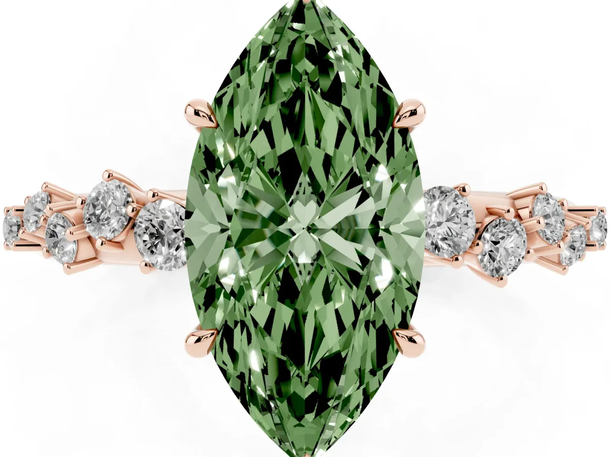 Fancy Green Marquise Cut Diamond Cluster Side Stone Solitaire Ring with Prong Setting Rose gold