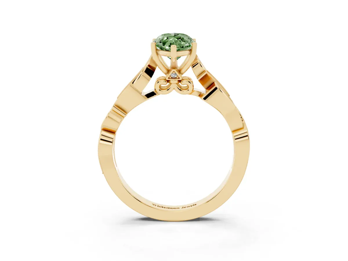 Fancy Green Marquise Cut Solitaire Vine Band with Milgrain Prong Setting Yellow gold