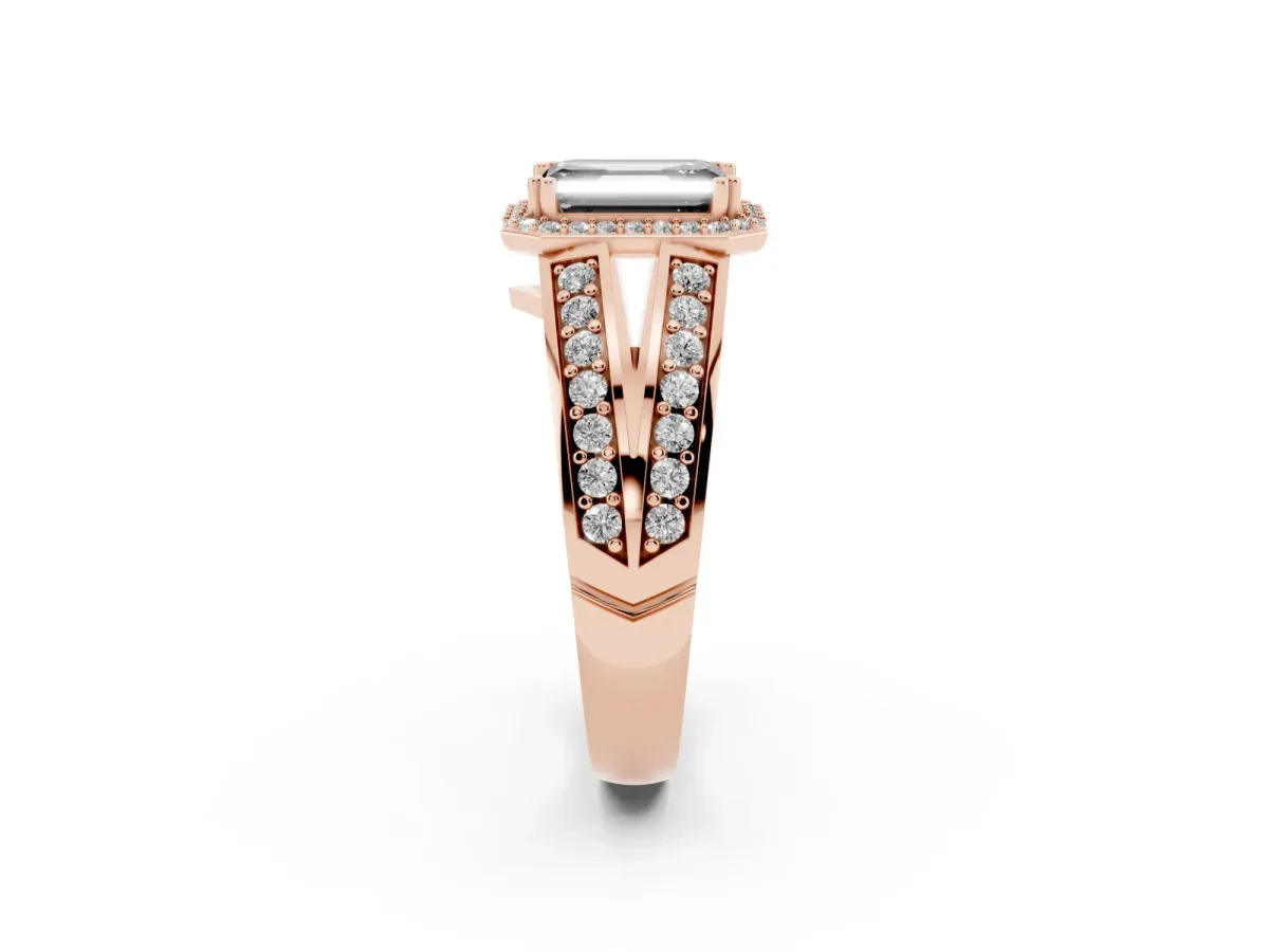 Fancy Black Emerald Cut Diamond Halo Ring with Split Shank Pavé Band and Four-Prong Setting Rose gold