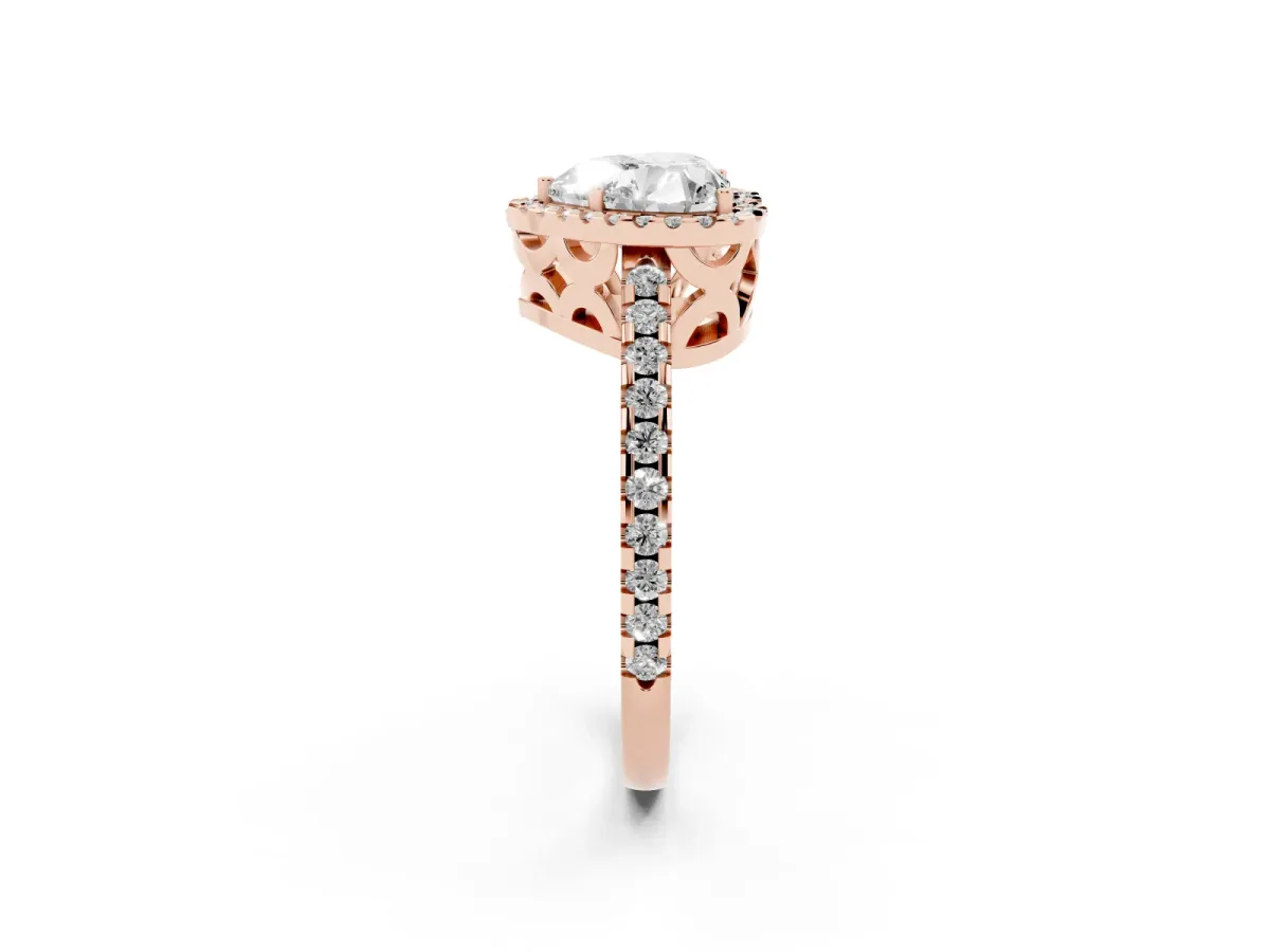 Heart Cut Diamond Halo Engagement Ring with Pavé Band and Prong Setting Rose gold