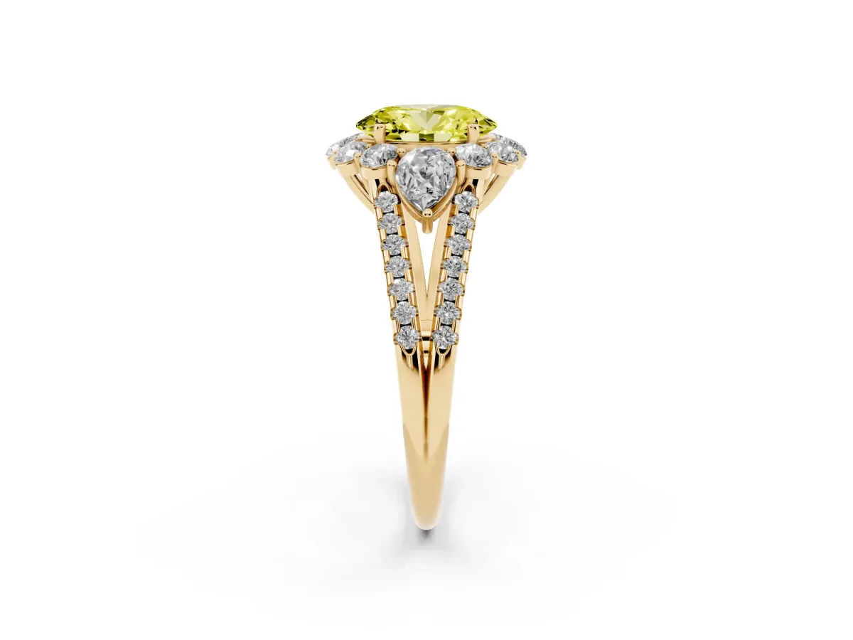 Fancy Yellow Oval Cut Halo Split Shank Diamond Engagement Ring with Prong Setting Yellow gold