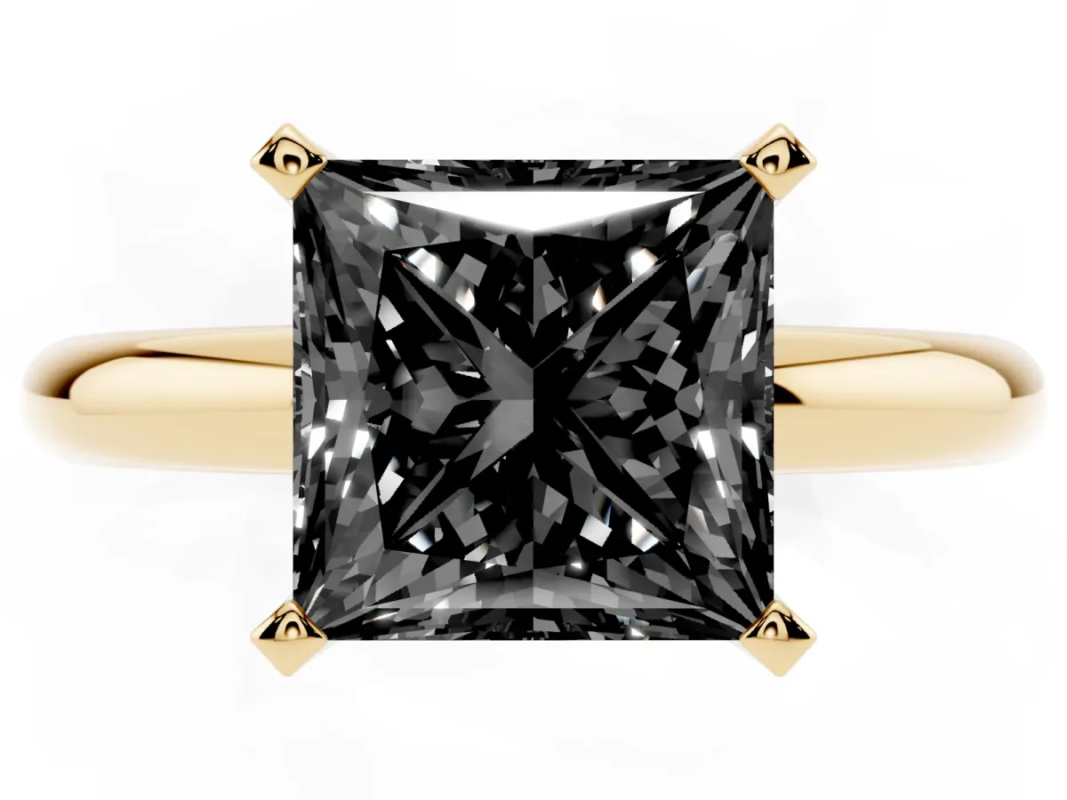 Fancy Black Princess Cut Diamond Solitaire Engagement Ring with Round Band and Four-Prong Setting Yellow gold