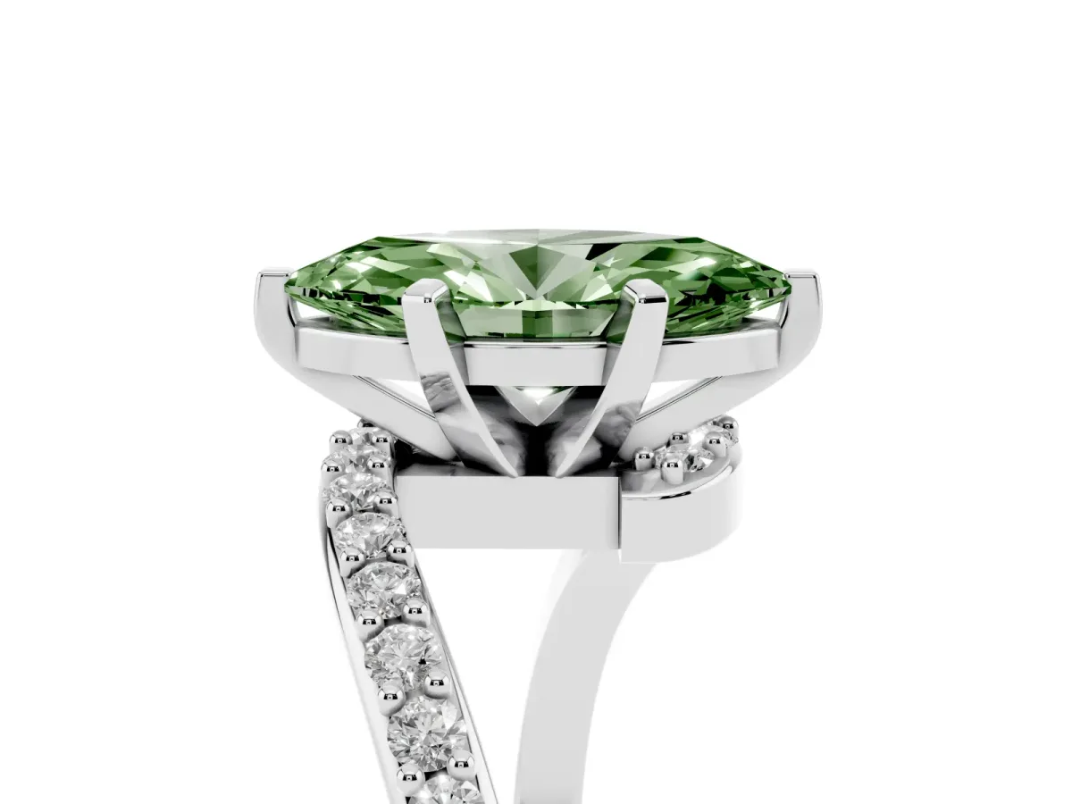 Fancy Green Marquise Cut Solitaire Twist Band with Pave Set Diamonds and Four-Prong Setting White gold