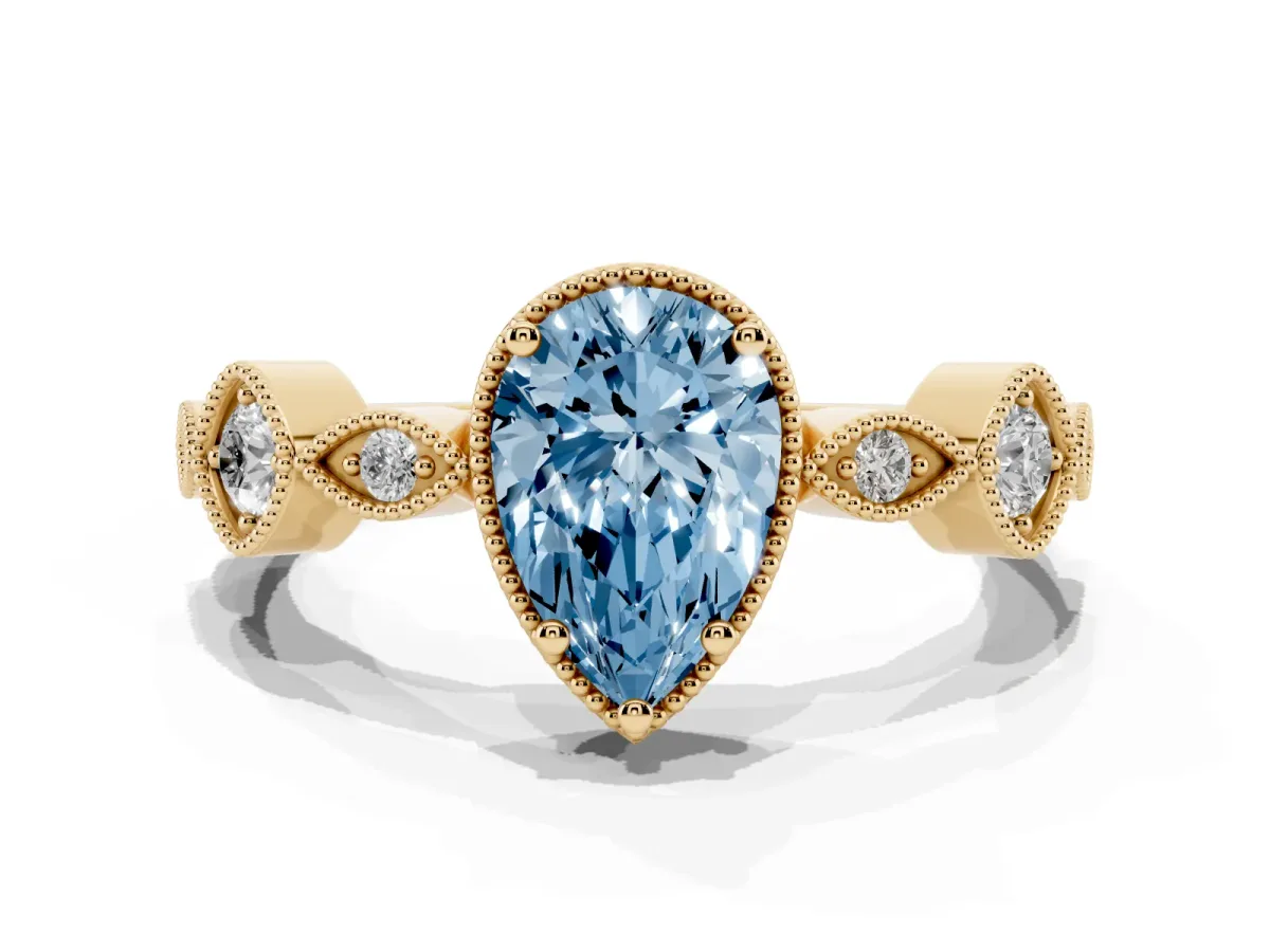 Fancy Blue Pear Cut Diamond Vintage Milgrain Ring with Round Stations Yellow gold