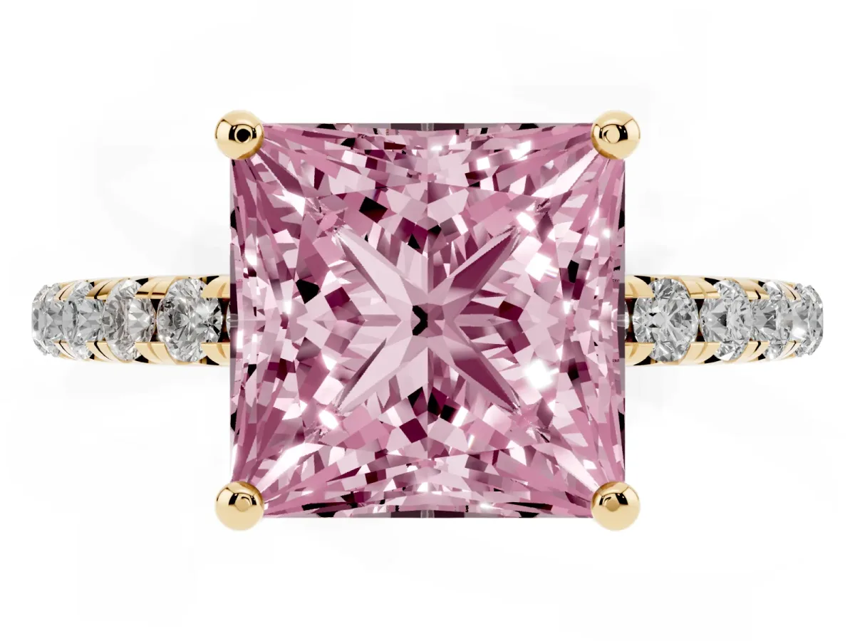 Fancy Pink Princess Cut Cut Diamond Solitaire Ring with Micro Pave Band and Four Prong Setting Yellow gold
