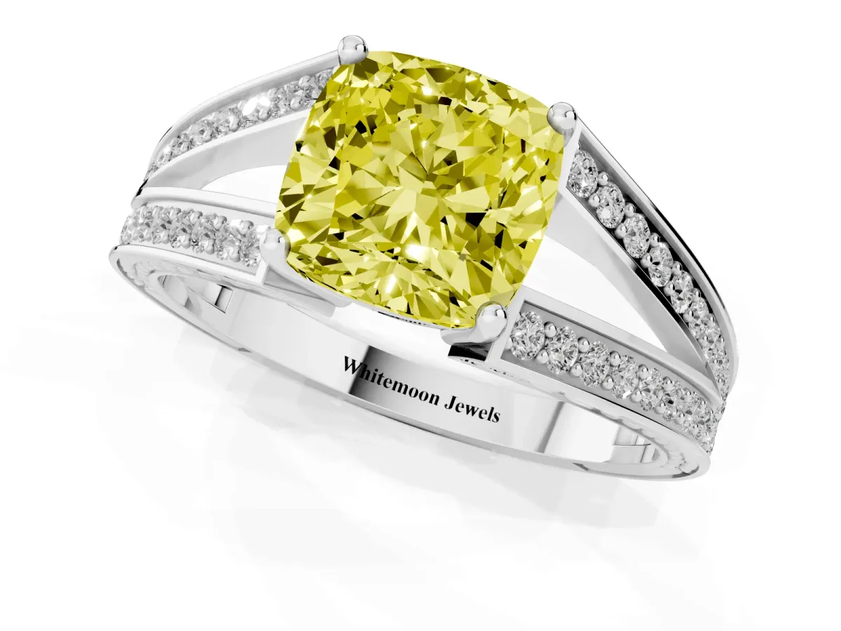 Fancy Yellow Cushion Cut Diamond Split Shank Ring with Pavé Band and Four-Prong Setting White gold