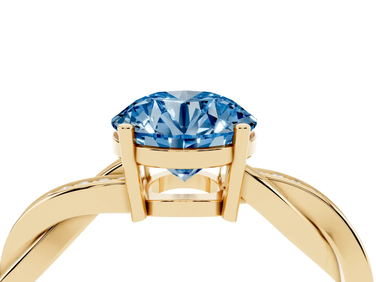 Fancy Blue Round Cut Solitaire Twisted Pave Diamond Ring with Four-Prong Setting Yellow gold