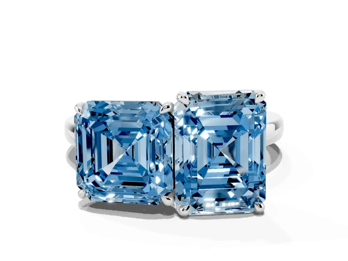Fancy Blue Asscher Cut and Emerald Cut Toi Moi Ring with Prong Setting Platinum