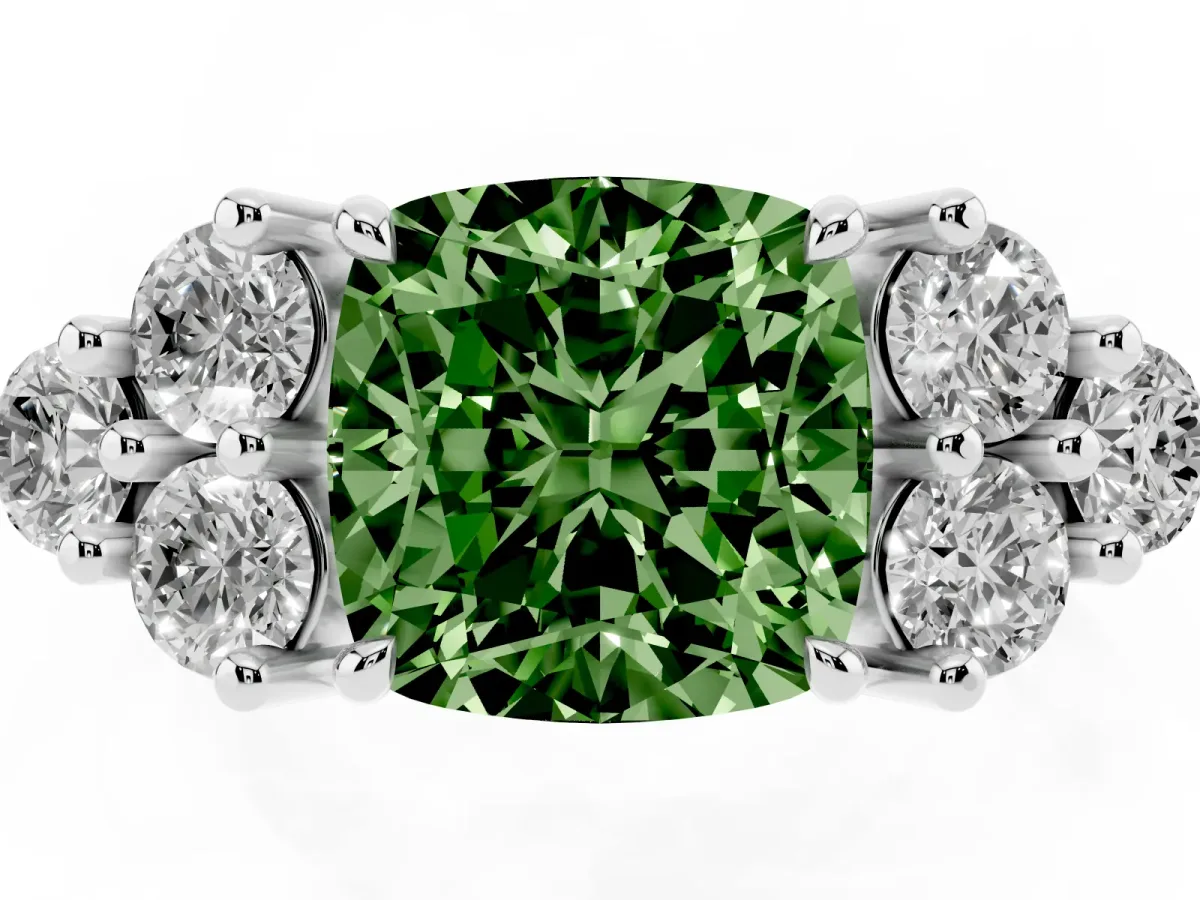 Fancy Green Cushion Cut Brilliant Diamond Cluster Accent Solitaire Ring with Prong Setting Platinum