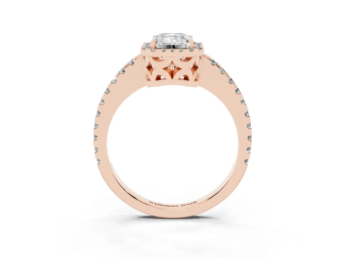Emerald Cut Diamond Halo Engagement Ring with Pavé Band and Prong Setting Rose gold