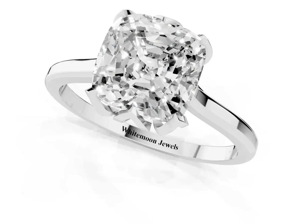 Cushion Cut Diamond Solitaire Ring with Flower Prong Setting and Classic Band Silver
