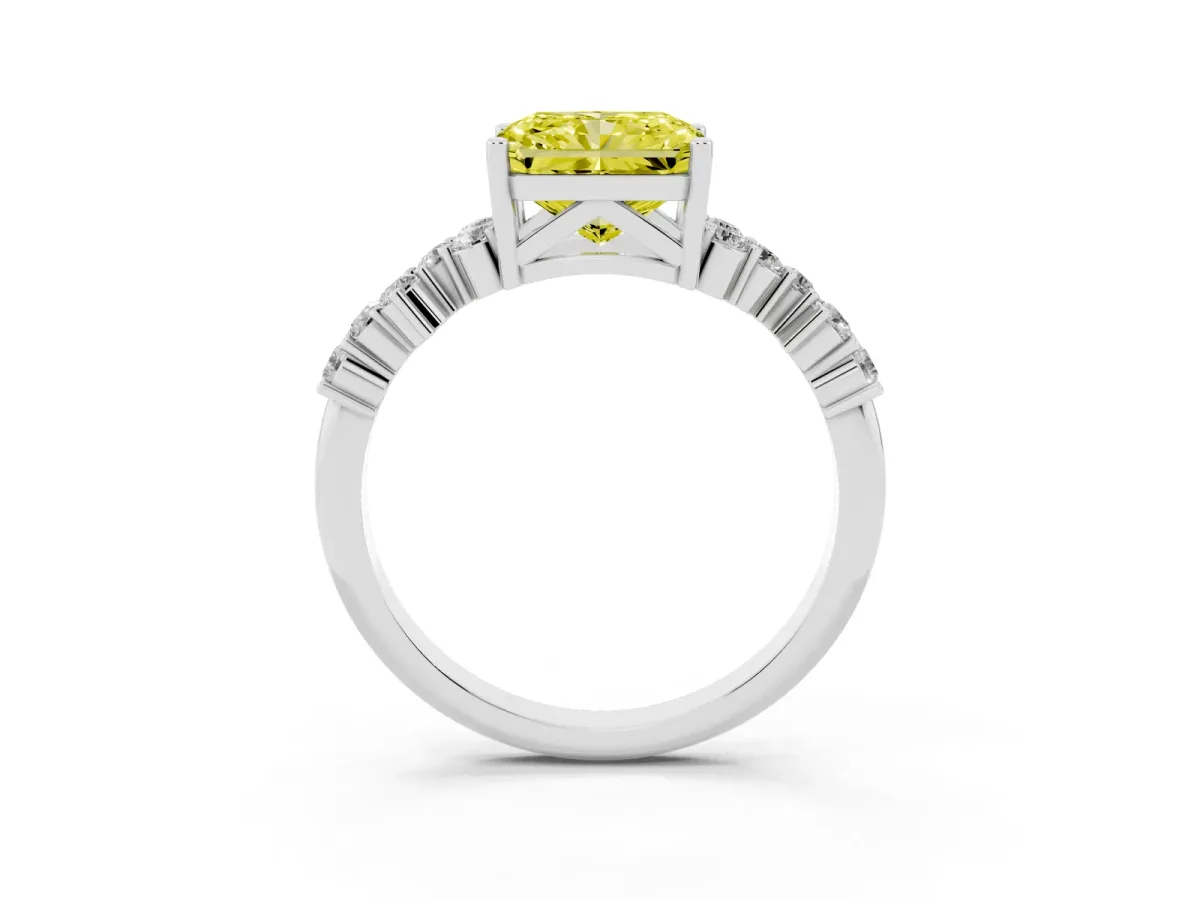 Fancy Yellow Radiant Cut Diamond Scattered Round Accent Ring with Prong Setting Silver