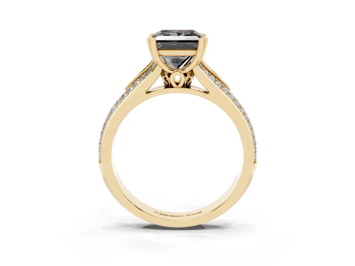 Fancy Black Princess Cut Diamond Split Shank Engagement Ring with Pavé Band Yellow gold