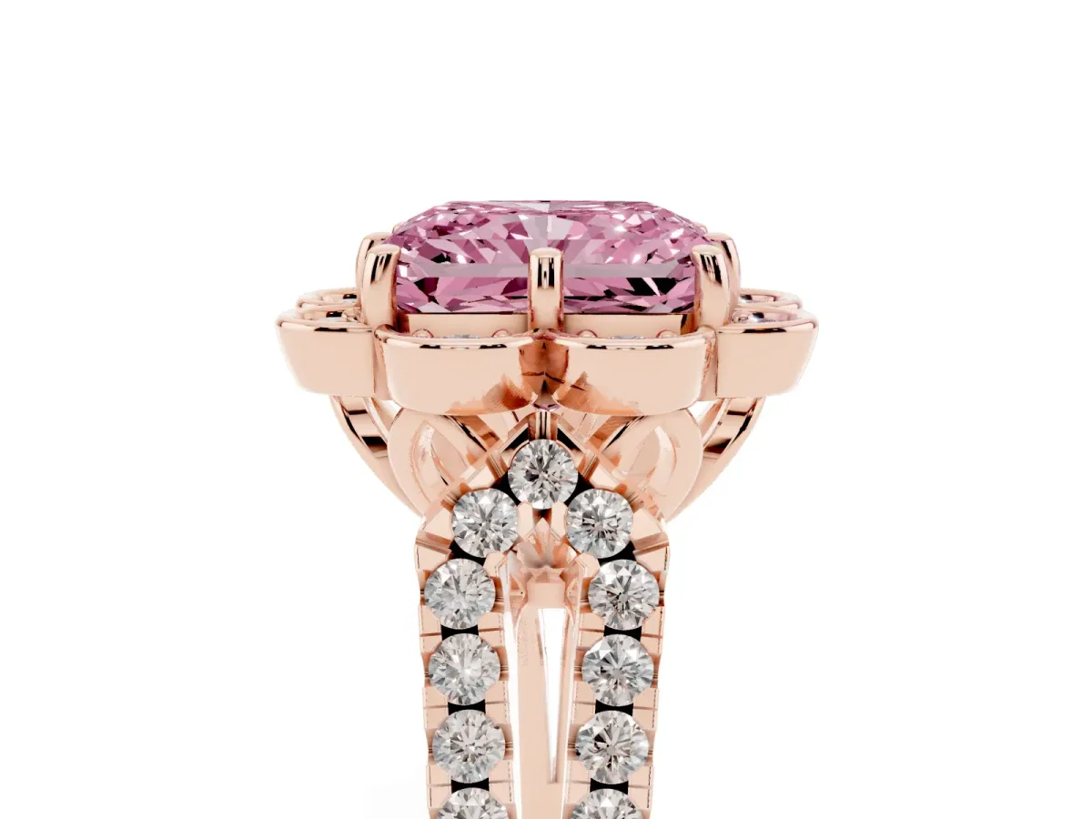 Fancy Pink Radiant Cut Halo Diamond Floral Split Shank Engagement Ring Rose gold