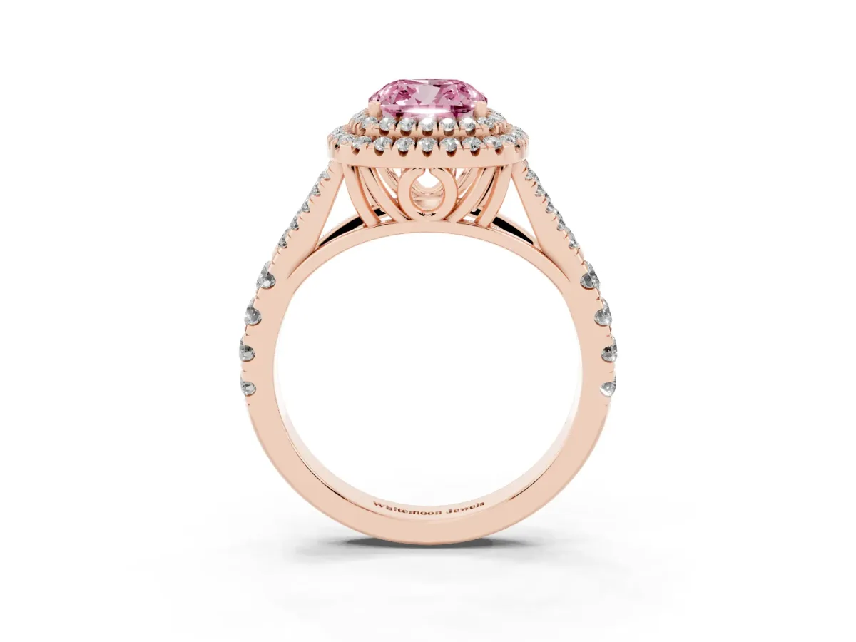 Fancy Pink Cushion Cut Diamond Pavé Split Shank Double Halo Engagement Ring Rose gold