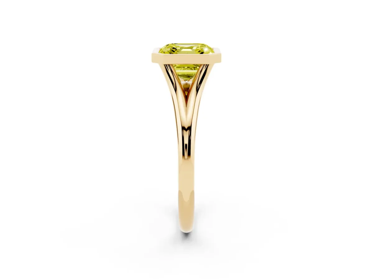 Fancy Yellow Bezel Set Asscher Cut Cut Solitaire Ring with Tapered Band Yellow gold