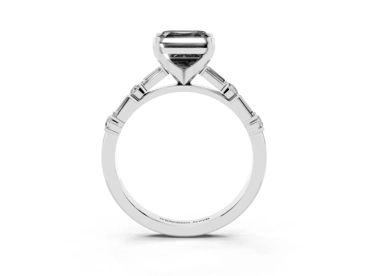 Fancy Black Asscher Cut Diamond Solitaire with Side Baguettes and Channel Set Band Silver