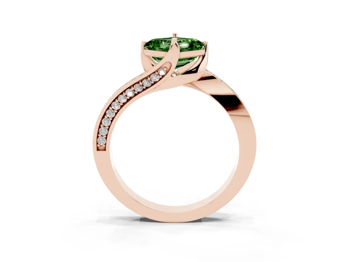 Fancy Green Asscher Cut Solitaire Diamond Twist Band with Pavé Setting and Four-Prong Setting Rose gold