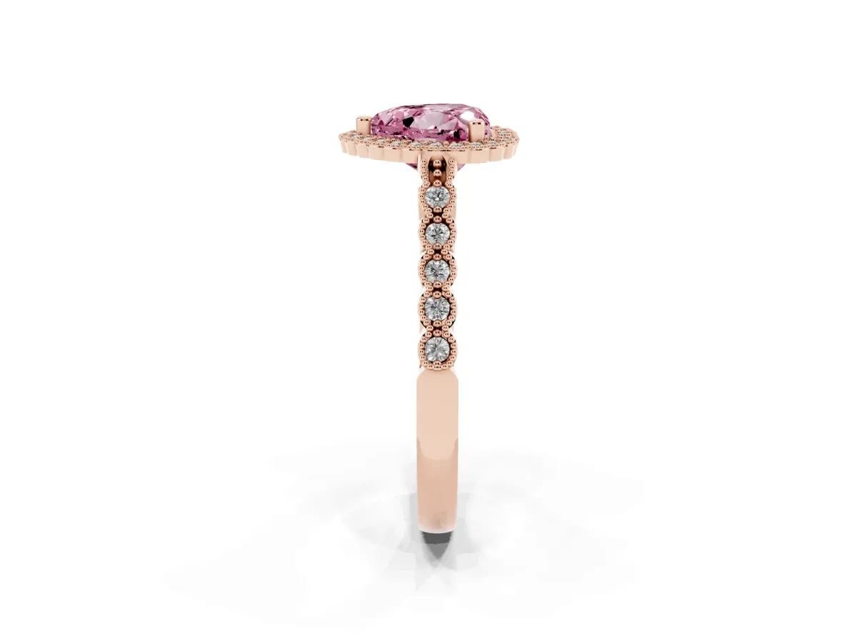 Fancy Pink Heart Cut Cut Halo Pavé Solitaire Ring with Milgrain Band Rose gold