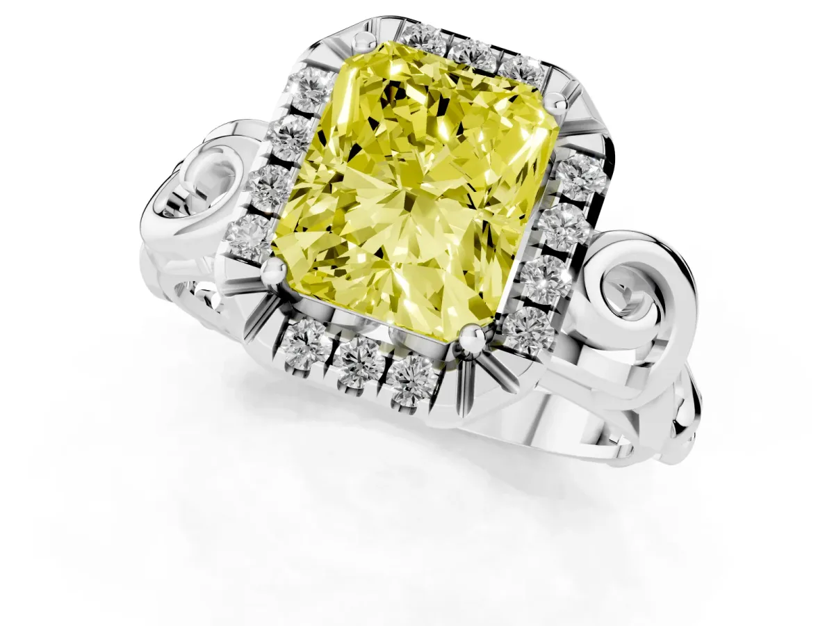 Fancy Yellow Radiant Cut Cut Halo Diamond Ring with Scrollwork Band and Four-Prong Setting Silver
