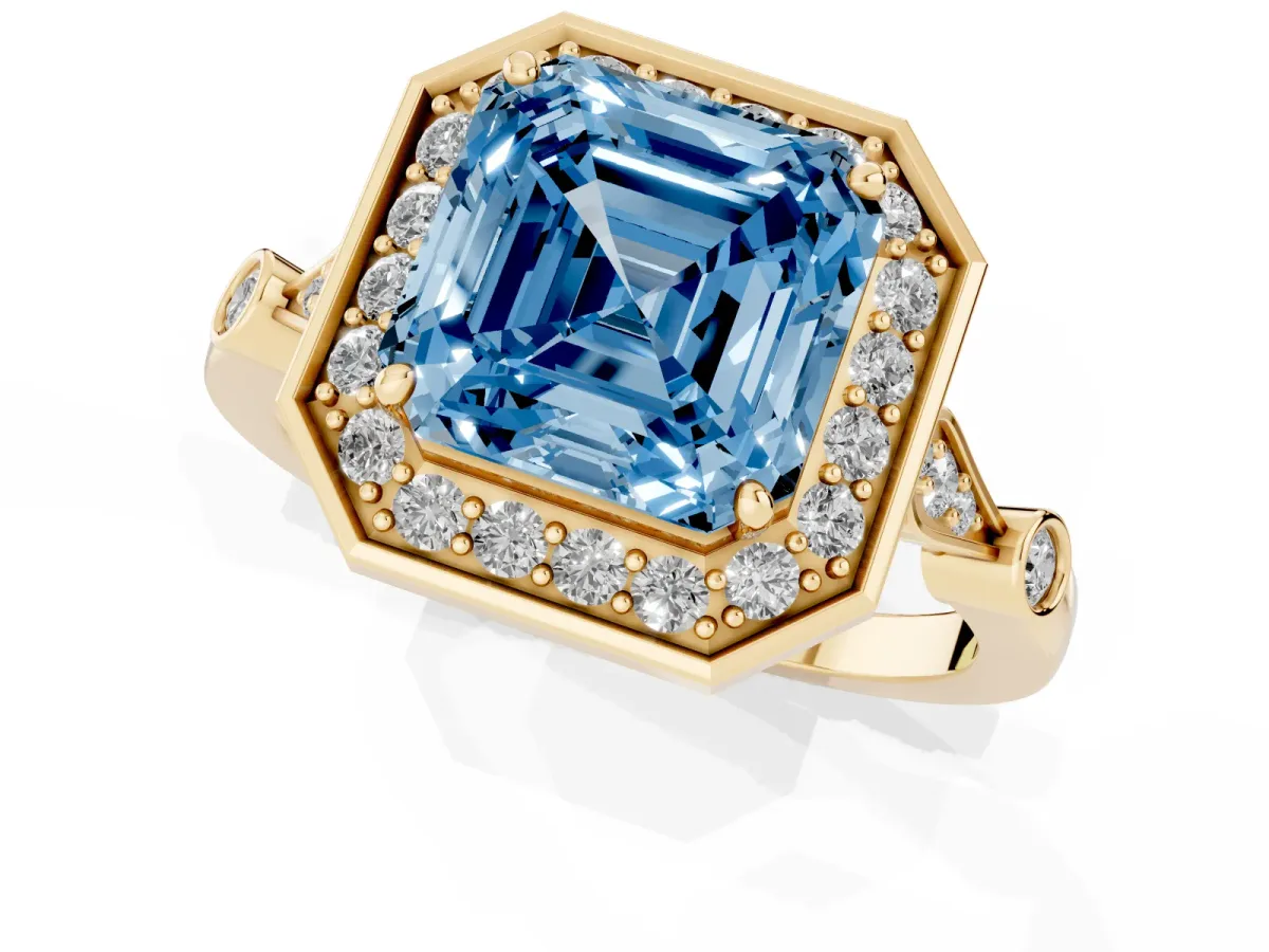 Fancy Blue Asscher Cut Halo Diamond Engagement Ring with Twisted Band and Four-Prong Setting Yellow gold