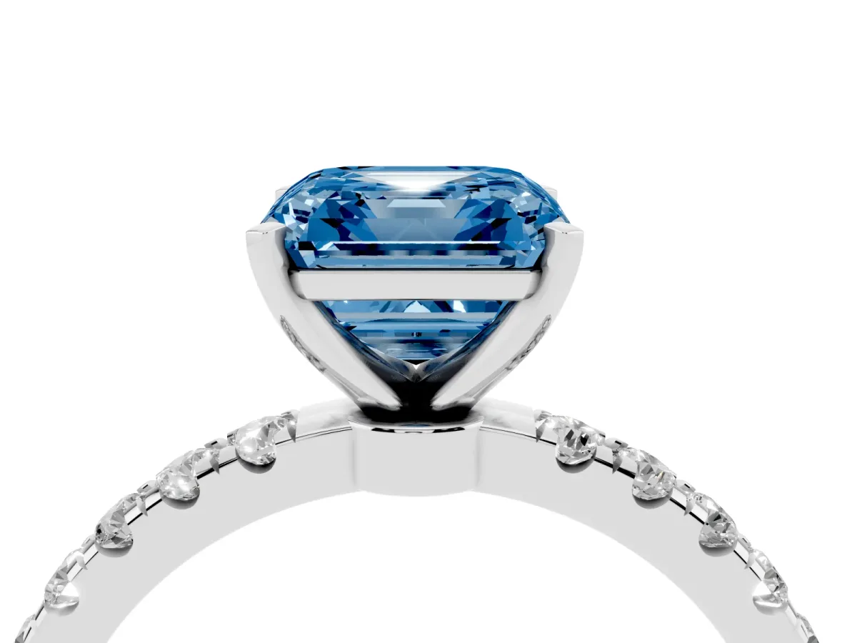 Fancy Blue Asscher Cut Diamond Solitaire Ring with Pavé Accents and Four-Prong Setting Platinum