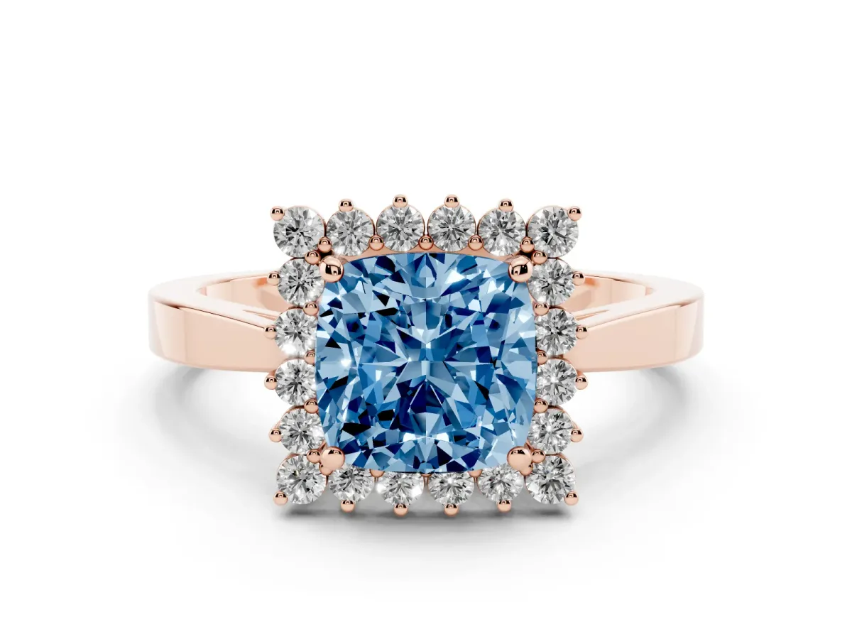 Fancy Blue Cushion Cut Cut Diamond Halo Ring with Round Brilliant Halo and Solitaire Band Rose gold