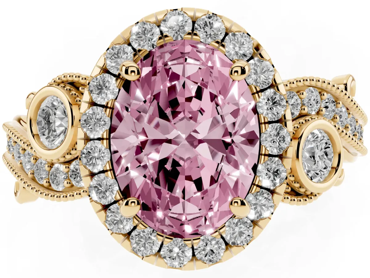 Fancy Pink Oval Cut Halo Diamond Ring with Milgrain and Bezel Accents on a Split Shank Band Yellow gold