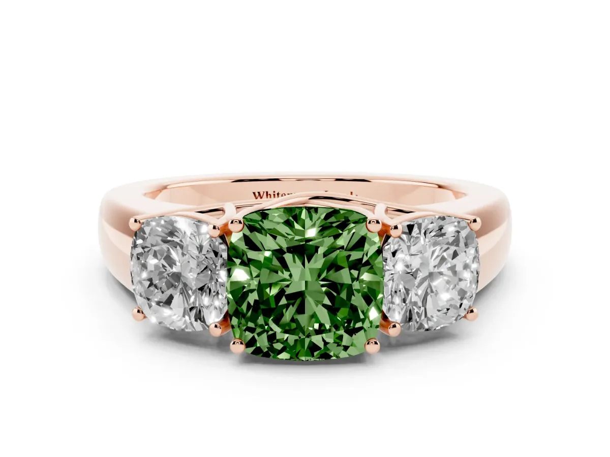Fancy Green Three-Stone Cushion Cut Cut Diamond Ring with Prong Setting and Classic Band Rose gold