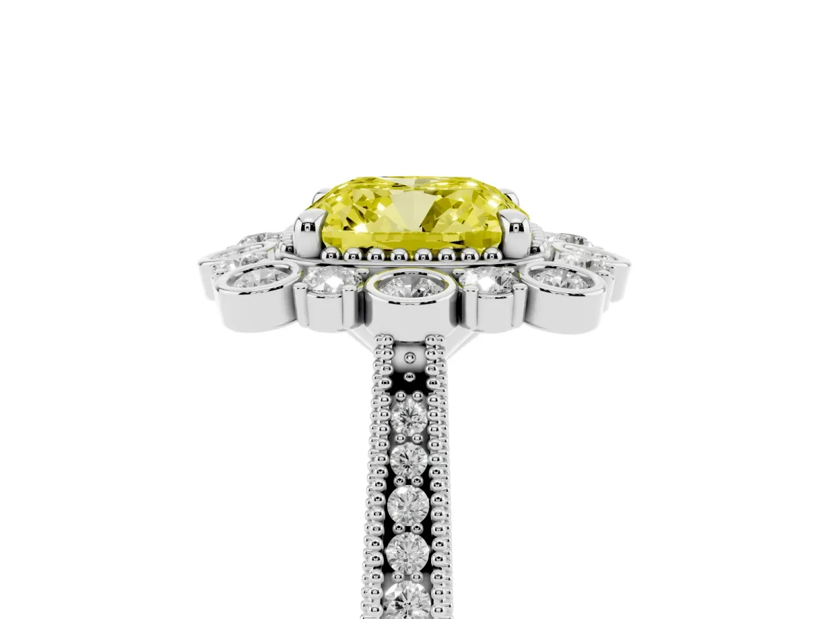 Fancy Yellow Cushion Cut Halo Milgrain Pave Diamond Ring with Four-Prong Setting Silver