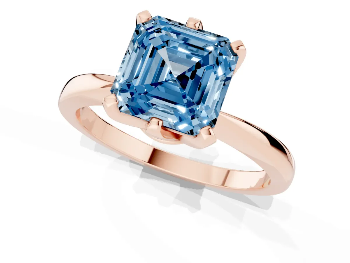 Fancy Blue Asscher Cut Solitaire Engagement Ring with Six-Prong Setting and Tapered Band Rose gold